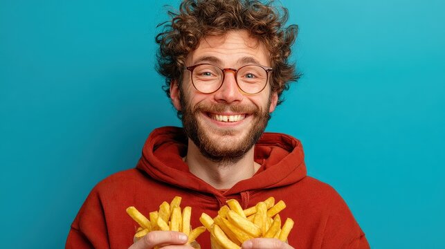 Smiling Man Holding Fries on Blue - Fast Food Excitement