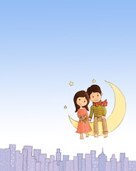Romantic couple sitting on the moon, cityscape night background.
