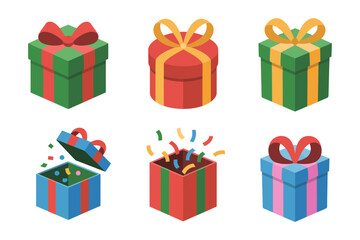 Fototapeta premium Wrapped gift bundle, colorful present boxes, shiny ribbons tags, Christmas birthday party, celebration icons, cute vector clipart, surprise package design, greeting elements set