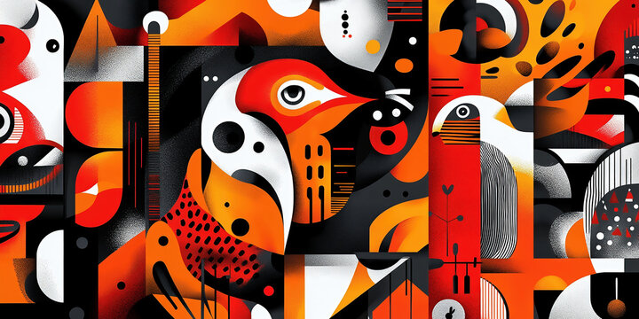 Abstract artistic composition with vibrant bird depictions and geometric patterns