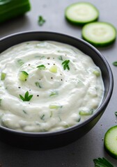 Creamy Tzatziki Dip with Cucumber and Herbs in Black Bowl