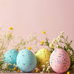 Colorful speckled Easter eggs with flowers on a pastel background