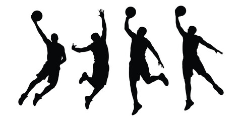 Silhouettes of four basketball players performing slam dunks with orange ball—capturing airborne motion, athletic skill, and dynamic energy © Victuscon