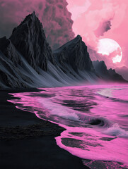 Surreal beachscape with pink waves under a glowing moonlit sky