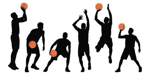 Silhouettes of six basketball players in dynamic poses with orange ball—dribbling, shooting, jumping—capturing motion and athletic skill