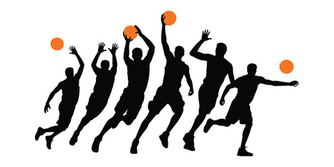 Sequence of six basketball jump shot silhouettes with orange ball trajectory, illustrating athletic motion, technique, and sports dynamics © Victuscon