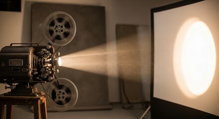 Fototapeta premium Vintage Film Projector Illuminates Dusty Air with Warm Light onto Screen