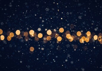 Sparkling golden bokeh lights against a deep blue night sky with falling snowflakes