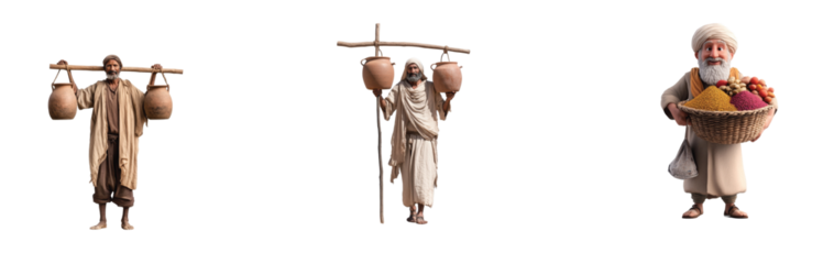 3d market vendors carrying baskets and pots with fruits 