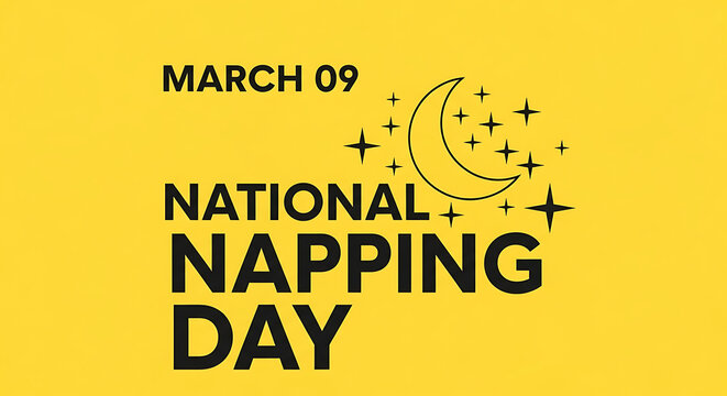 This graphic celebrates the concept of National Napping Day on March 9th, featuring a peaceful moon and stars, symbolizing the comforting appeal of rest.