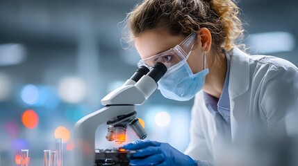 Scientist in Mask Working with Microscope in Lab
