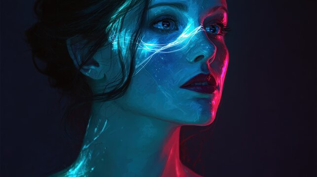 Futuristic Woman Portrait with Neon Lights, Beauty and Technology