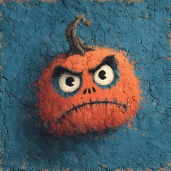 An angry Halloween pumpkin face stares directly with wide eyes from a textured blue background, creating a spooky mood.