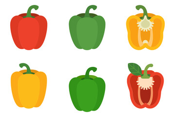 Bell pepper icon set, red green yellow capsicum, whole and sliced, vegetable clipart, kitchen vector