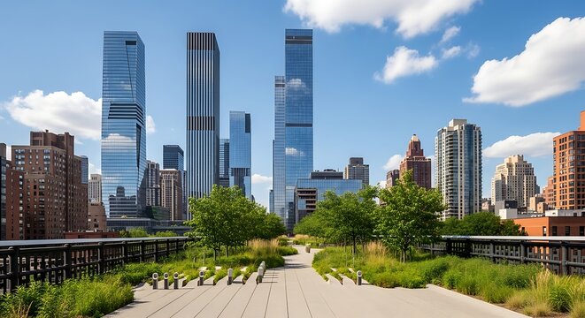 Scenic urban landscape showcasing modern skyscrapers and lush greenery in cityscape