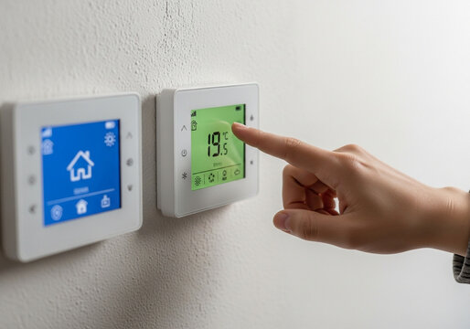 Finger adjusting the temperature on a smart thermostat, controlling the home heating system for optimal comfort and energy saving