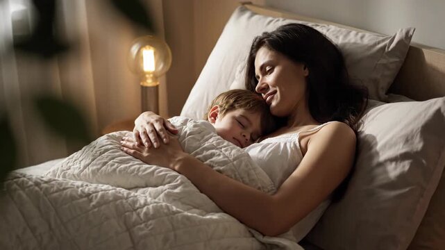 Son and mom pron videos. Mom and son sleeping together. Mom hugging her son. Sleeping Young Child Held by Mother in Bed at Home