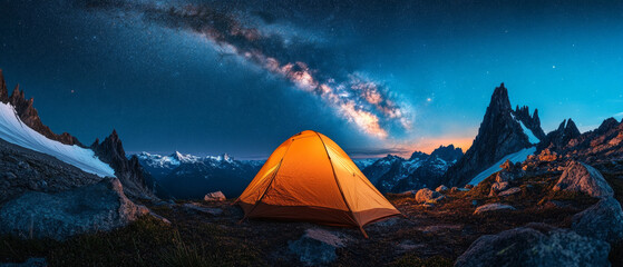 A tent under the starry sky and the Milky Way against the backdrop of mountains is ideal for articles about travel and camping.