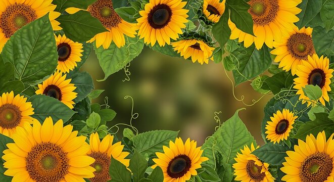 Radiant sunflower frame with lush green foliage ideal for uplifting designs and templates