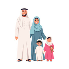 A cartoon vector illustration of a happy Arabian family standing together. The father, mother, son, and daughter are smiling and dressed in traditional attire. Vector illustration.