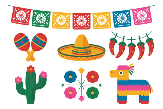 Mexican fiesta elements, papel picado banners, cactus sombrero maracas, pinata decoration, celebration vector set