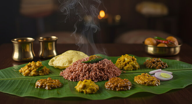 Onam sadhya meal food festival Kerala India tradition culture banana leaf feast red rice curry vegetable vegetarian dinner background