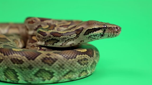 Brown and Green Patterned Snake Coiled on Chroma Key Background