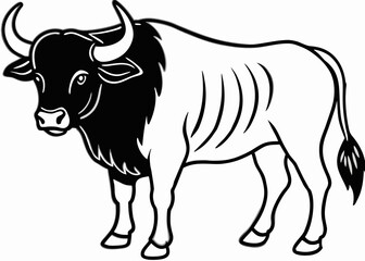 A black and white line drawing illustration of a wildebeest standing facing left isolated on white background