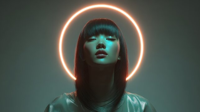 Asian Woman Glowing Neon Halo - Spiritual, Modern, Portrait