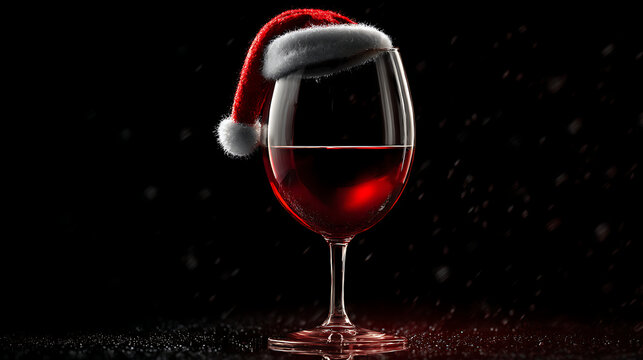 A glass of red wine, the rim of the glass adorned with a small Santa hat, an elegant dark background.