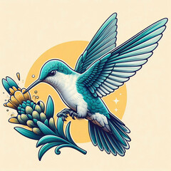 Obraz premium A vibrant hummingbird hovering near a colorful flower with a soft yellow background