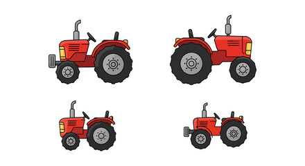 Fototapeta premium Four red tractors in different angles on a white background