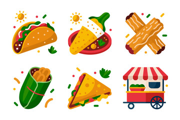 Mexican street food set, tacos burrito wrap quesadilla, food truck cart, spicy snack icons, colorful vector clipart, restaurant menu elements, isolated collection