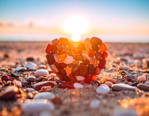 Heart-shaped pebble mosaic at sunrise on a beach