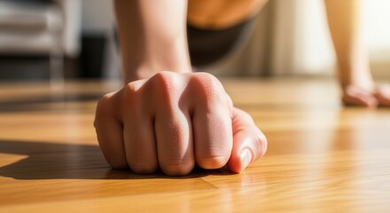Close-up of a hand performing a push-up on a wooden floor.