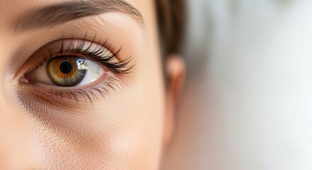 Close-up of a woman's eye with detailed eyelashes and striking iris colors.