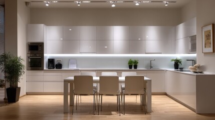 Modern white kitchen interior with sleek cabinets built in appliances and a central dining table