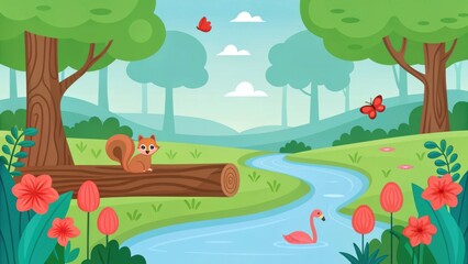 A squirrel sits on a log near a river in a vibrant forest landscape