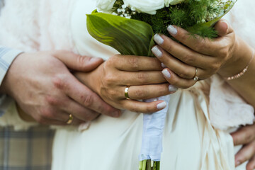 Hands of newlyweds with wedding rings, close-up.