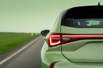 Modern green compact car driving on an empty rural road with illuminated taillight against a soft pastel sky at dusk