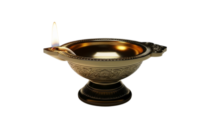 Lit Golden Oil Lamp on White Background