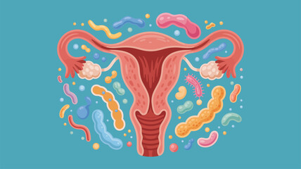 Illustration of female reproductive system with surrounding microbes, symbolizing microbiome science, reproductive health, and immunity