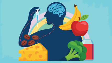 Illustration of human silhouette with brain, syringe, and healthy foods, symbolizing cognitive health, nutrition, and medical influence