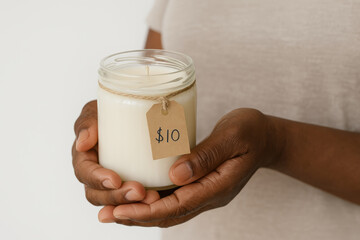 Hand holding a jar candle with price tag, emphasizing homemade craftsmanship, wellness, and small business retail concept