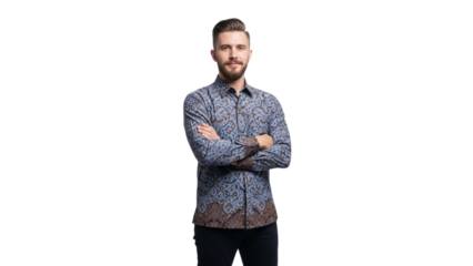 Confident Man in Batik Shirt on White Background