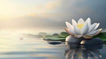 A serene image of a white lotus flower floating on water. The flower is perfectly bloomed, with delicate petals and a golden center, resting atop a smooth, gray stone, against a misty background