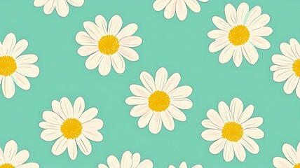 Floral Delight: A repeating pattern of charming daisies, showcasing simplicity and beauty. The bright yellow center contrasts with the delicate white petals on a refreshing blue-green background.