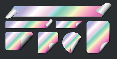 Set of Holographic Gradient Stickers with curled corners. Blank adhesive labels in various shapes. Rectangle, Square, Circle and Banner. Realistic colorful Vector Illustration on purple background.