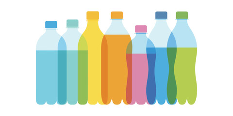 Illustration of eight plastic bottles with colorful liquids and caps, symbolizing beverage packaging, product diversity, and visual branding