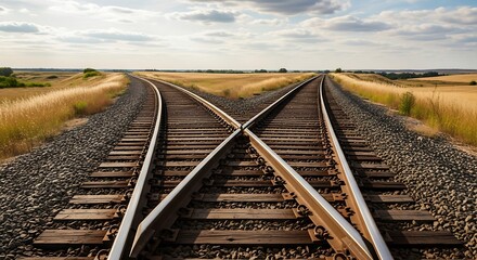 Fototapeta premium Railroad Tracks Diverging in the Rural Landscape under a Cloudy Sky on Sunny Day